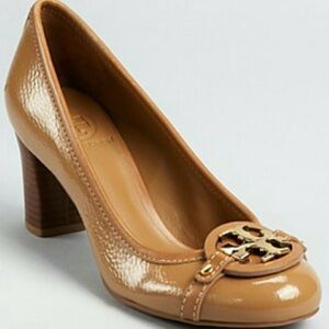 Tory Burch Camel Patent Leather Round-Toe Block Heel Pumps with Logo Accent